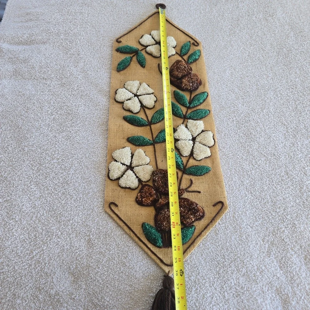 Vtg 1970's BOHO Burlap Flower Butterfly Latch Hook Completed Rug Wall Hanging